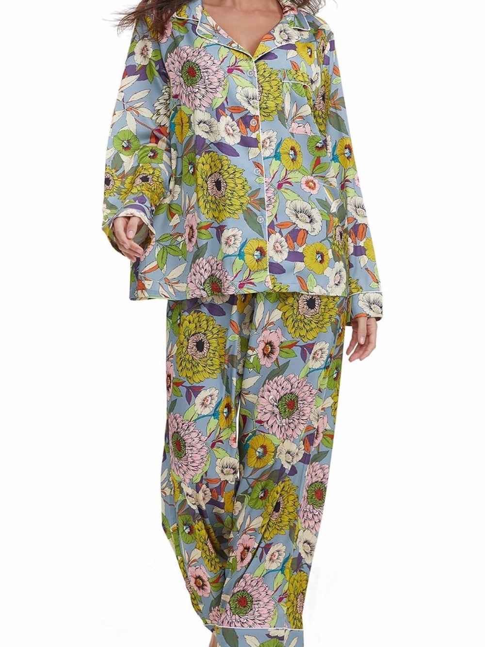 Floral Print Relaxed Pajama Set - Blue Multi
